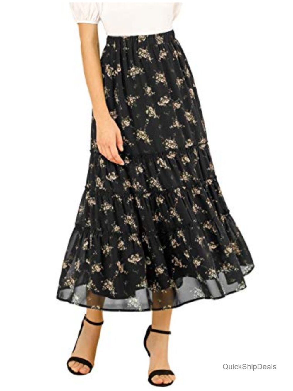Women's Floral Chiffon A-Line Long Tiered Ruffle Maxi Skirt